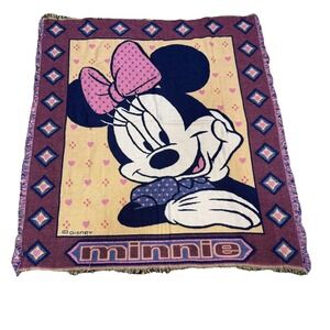 Disney BEACON Vintage Minnie Mouse Blanket 56"x50" Pink Knit Woven Fringe Throw